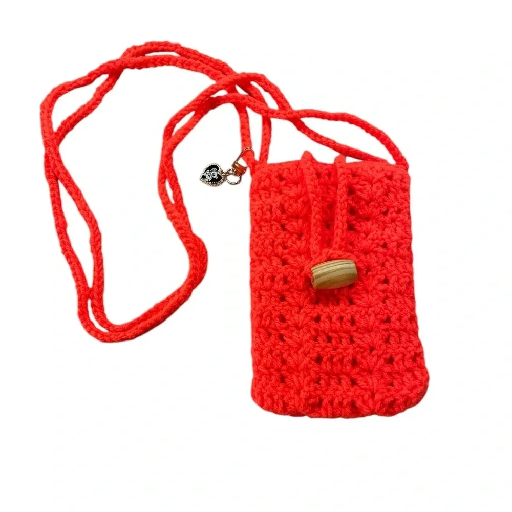 Crochet Bag Crossbody Shoulder Stretch Phone Purse Case Orange Small Handmade